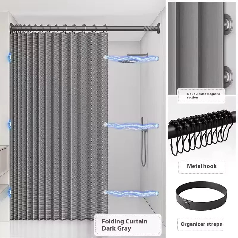 Rideau de douche pliable magnétique — imperméable, effet lin (sans barre)