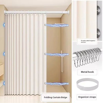 Rideau de douche pliable magnétique — imperméable, effet lin (sans barre)