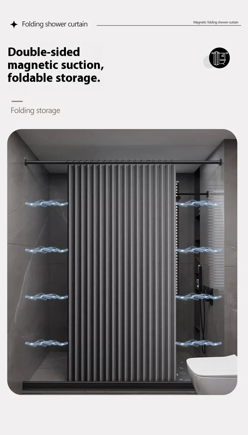 Rideau de douche pliable magnétique — imperméable, effet lin (sans barre)
