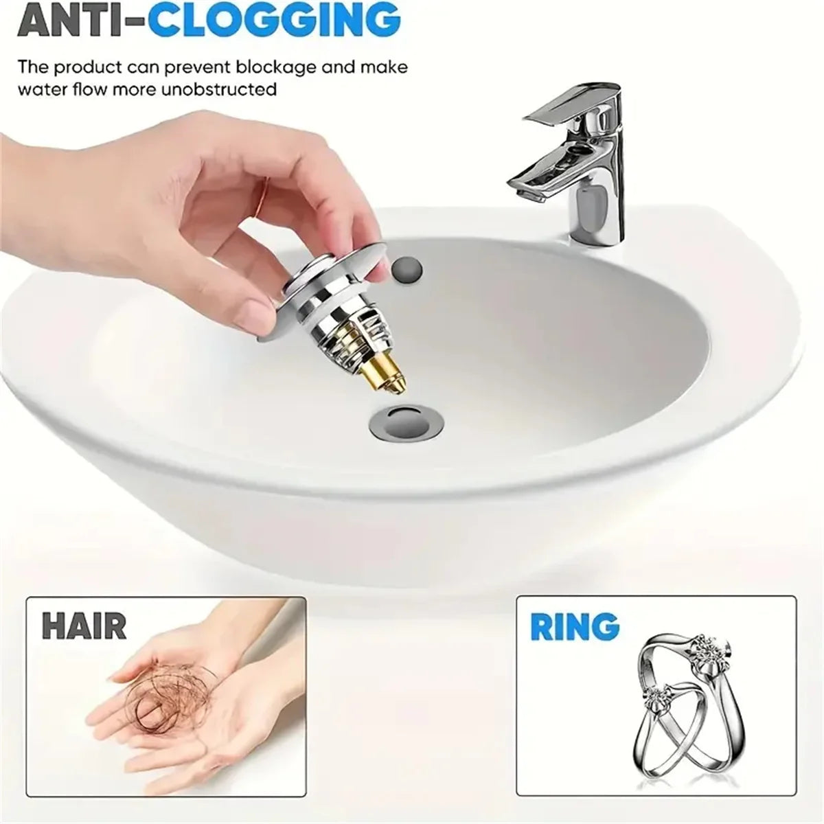 Bonde de lavabo clic-clac avec filtre anti-cheveux — universelle