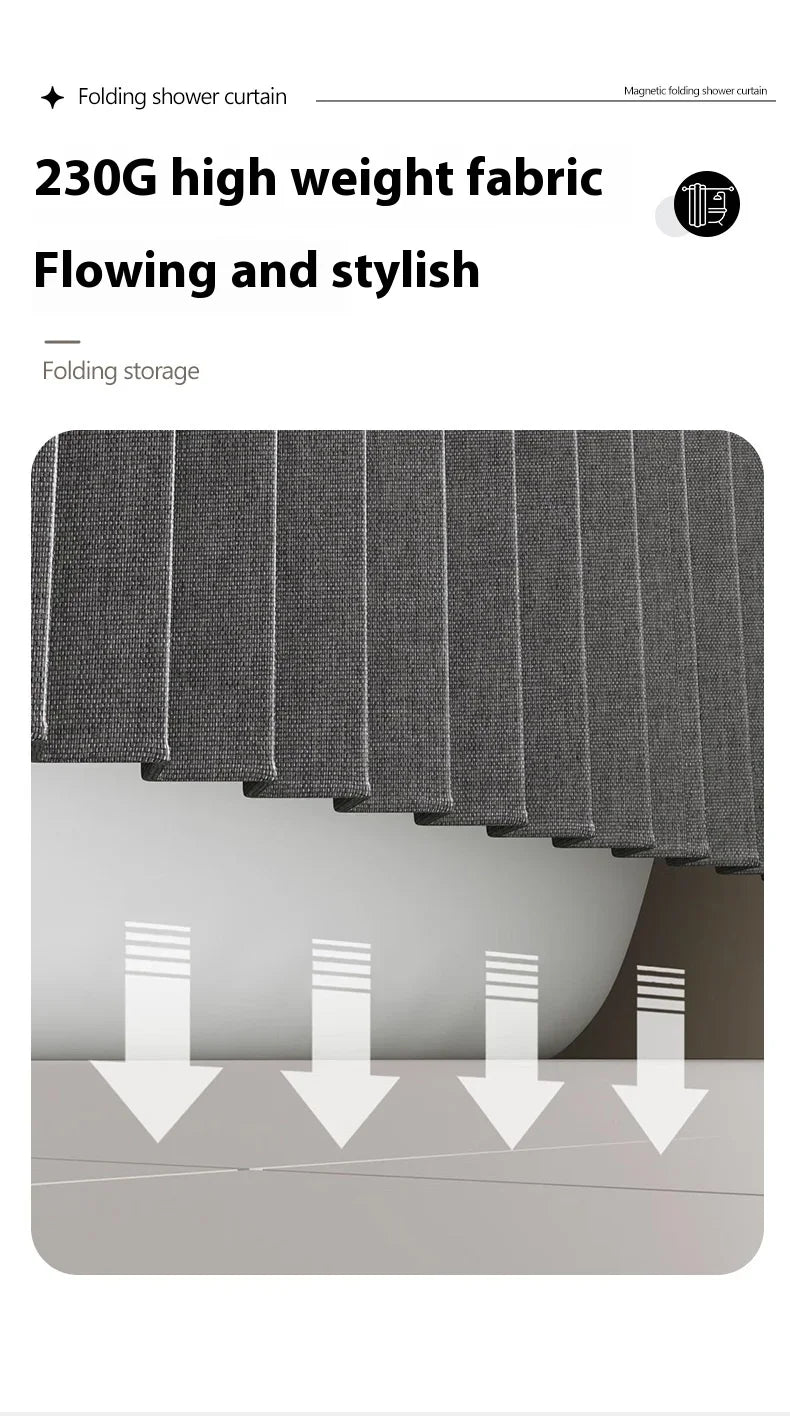 Rideau de douche pliable magnétique — imperméable, effet lin (sans barre)