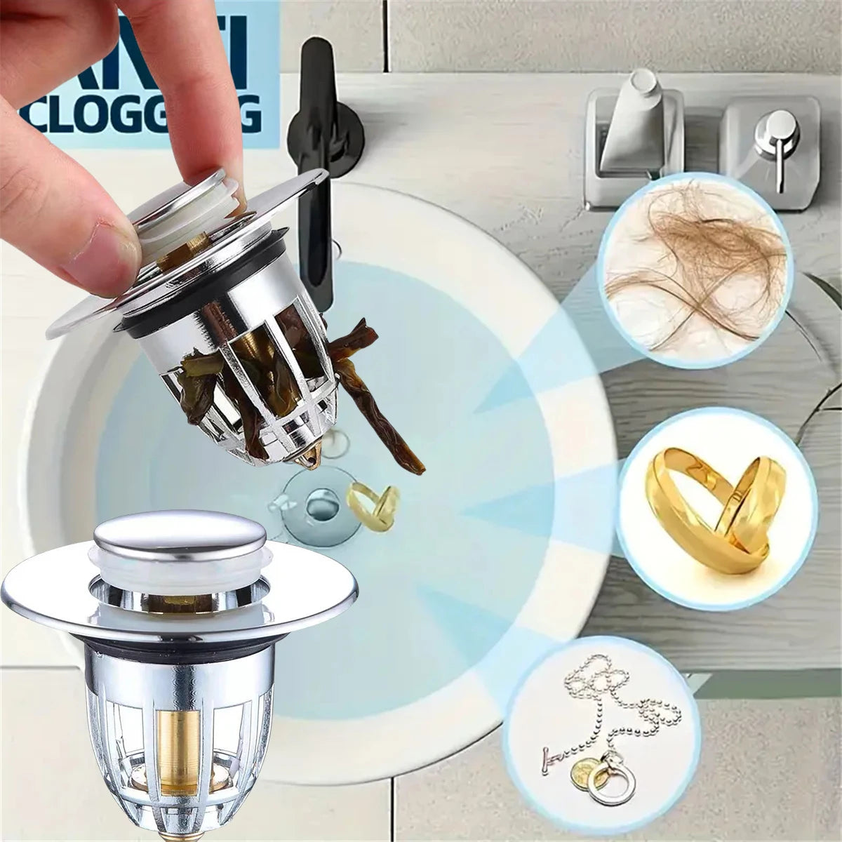 Bonde de lavabo clic-clac avec filtre anti-cheveux — universelle