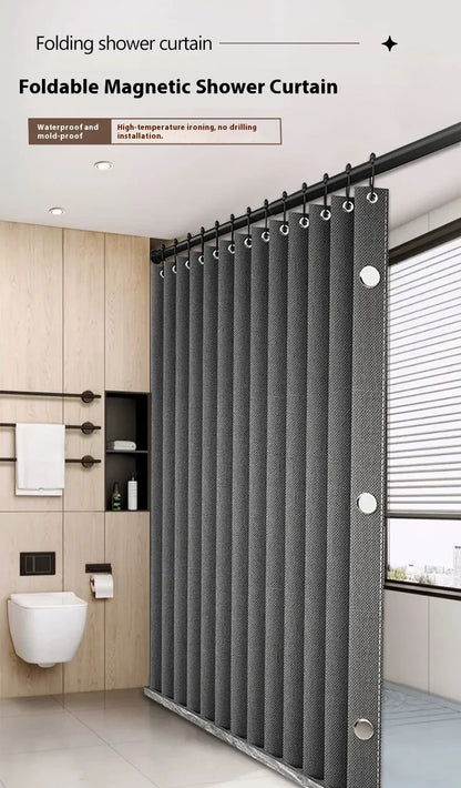 Rideau de douche pliable magnétique — imperméable, effet lin (sans barre)