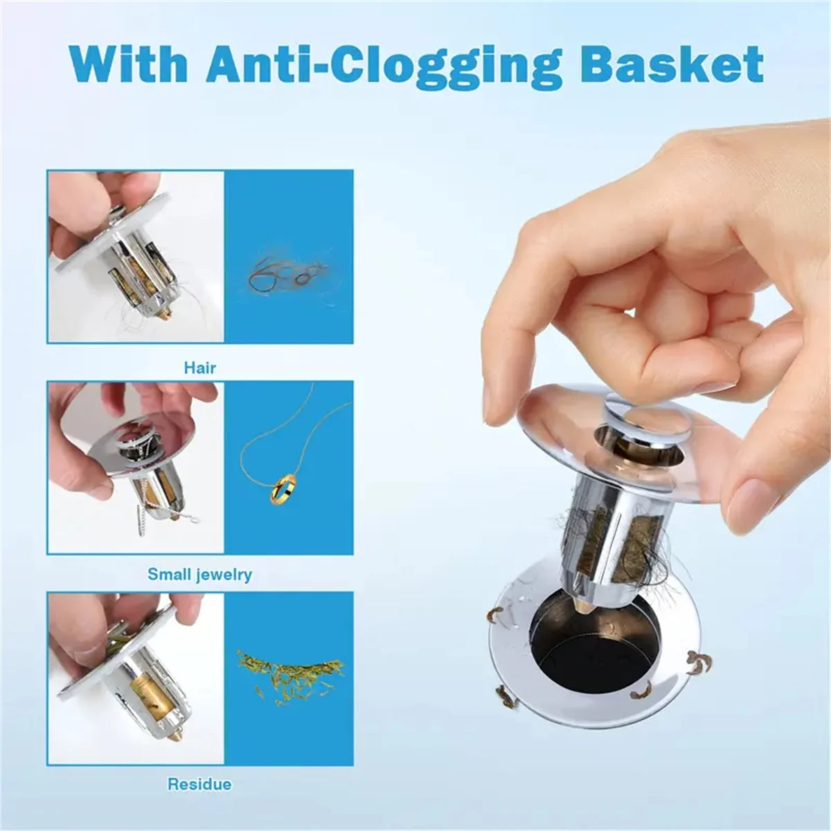 Bonde de lavabo clic-clac avec filtre anti-cheveux — universelle
