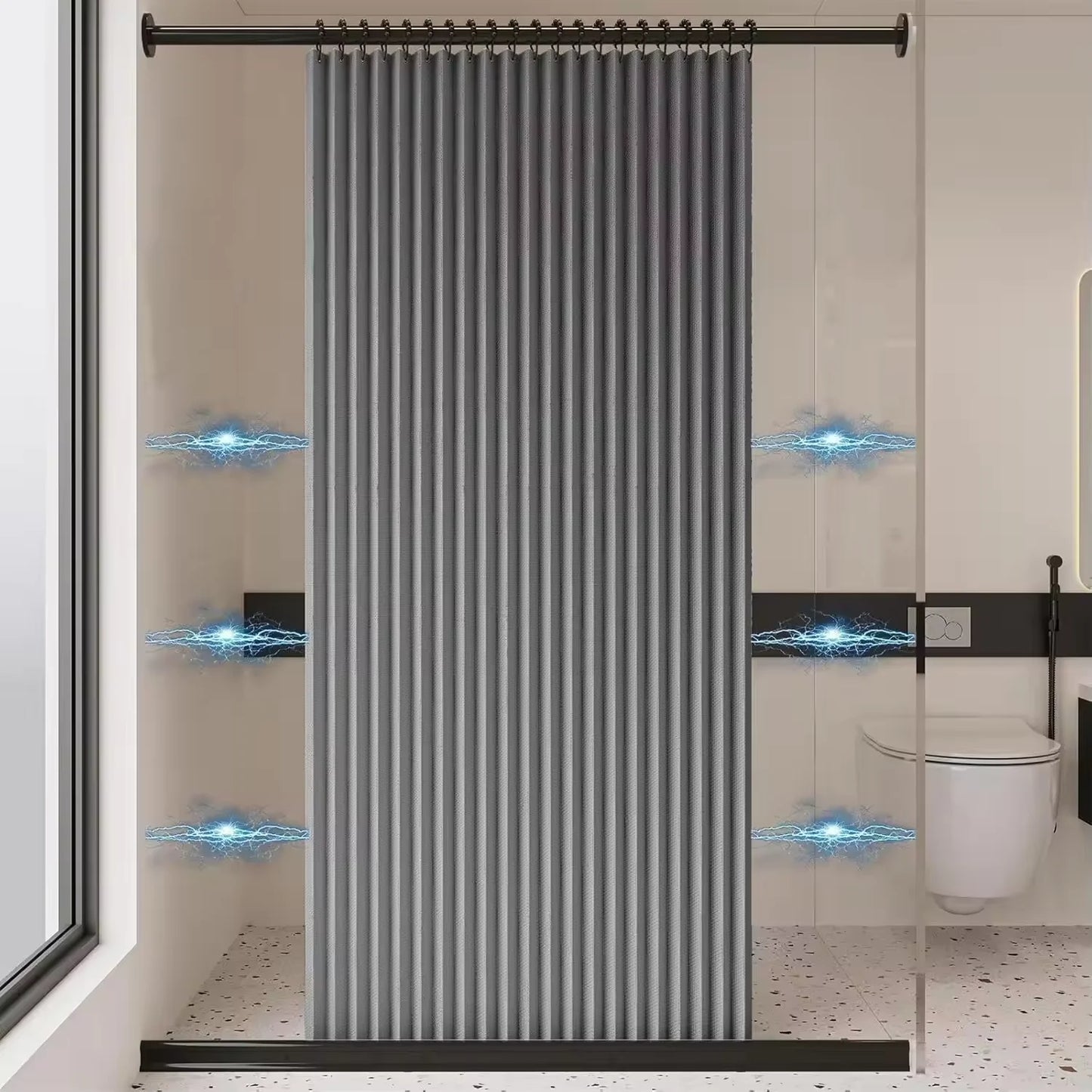Rideau de douche pliable magnétique — imperméable, effet lin (sans barre)