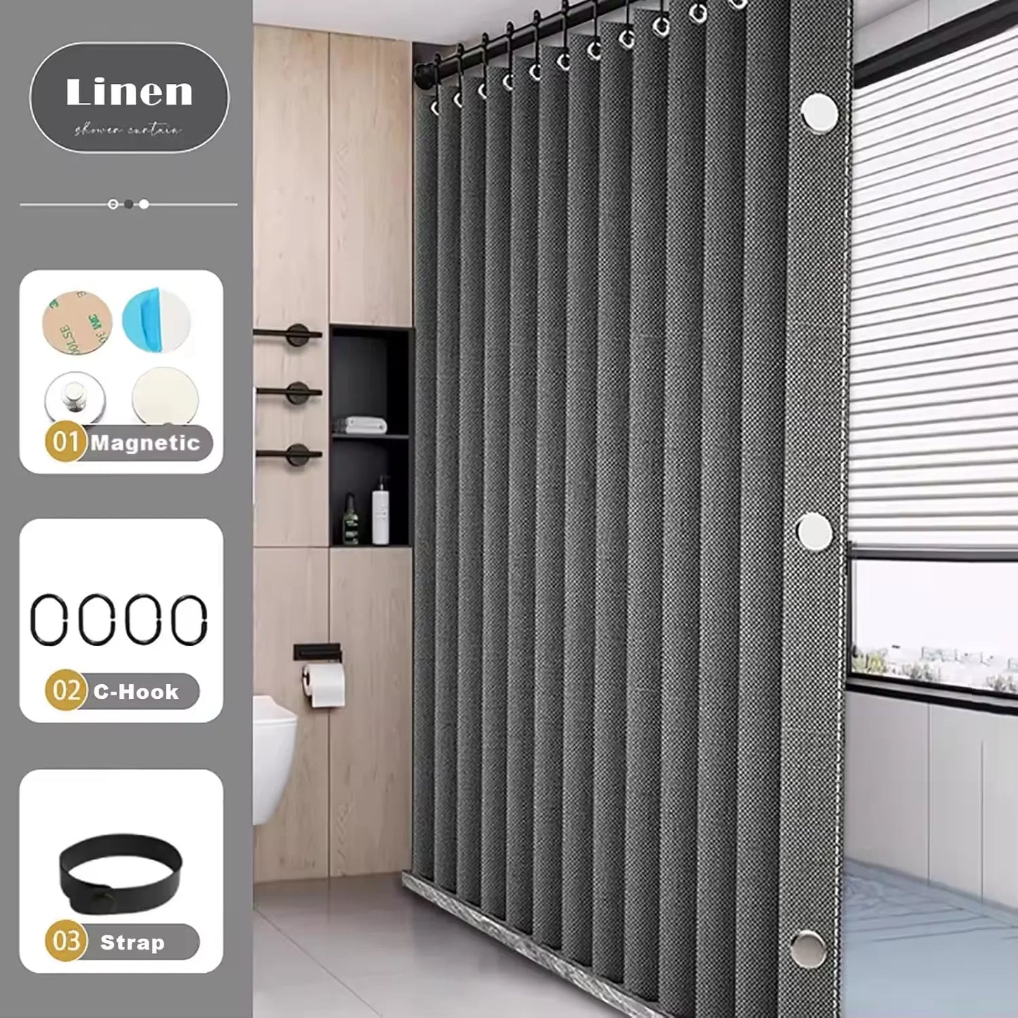Rideau de douche pliable magnétique — imperméable, effet lin (sans barre)